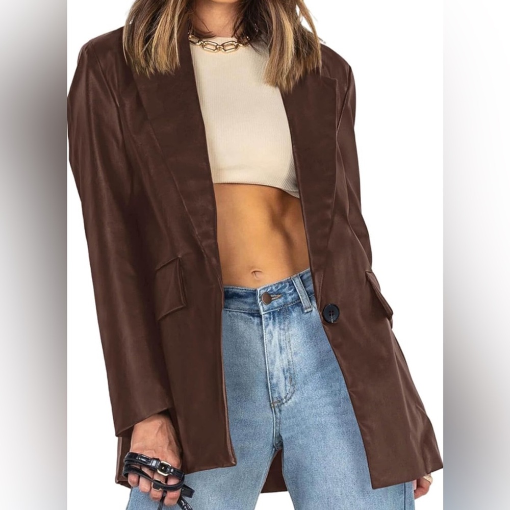 Dark brown faux leather blazer